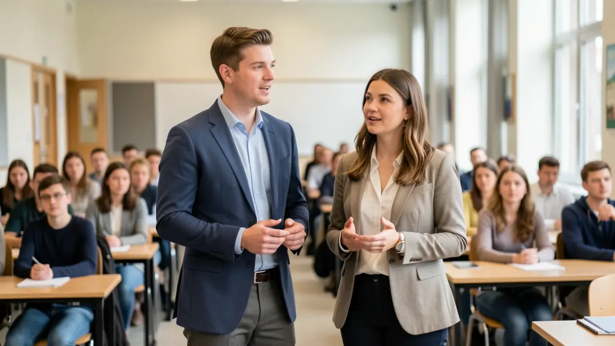 Generic image of two alumni speaking to students in a lecture hall.
