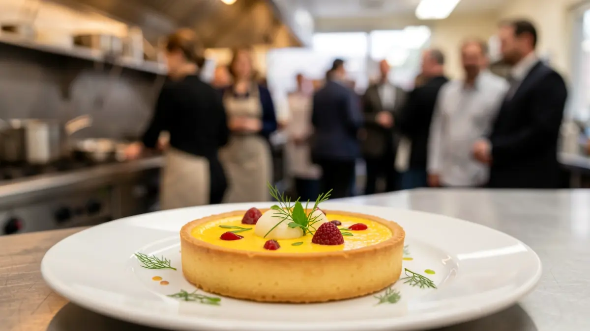 A close-up of an egg custard tart dessert, a winning dish from the Young National Chef of the Year competition.