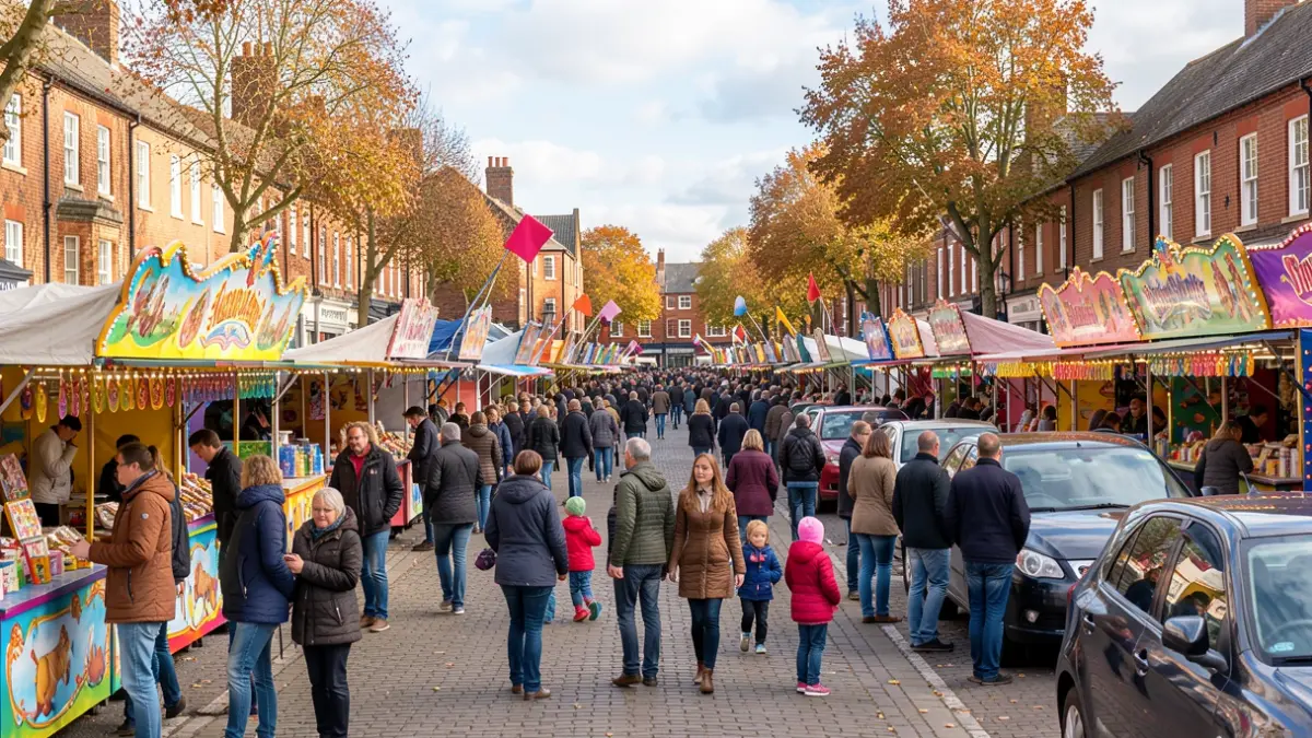 Loughborough Fair with rides and stalls in the town centre.