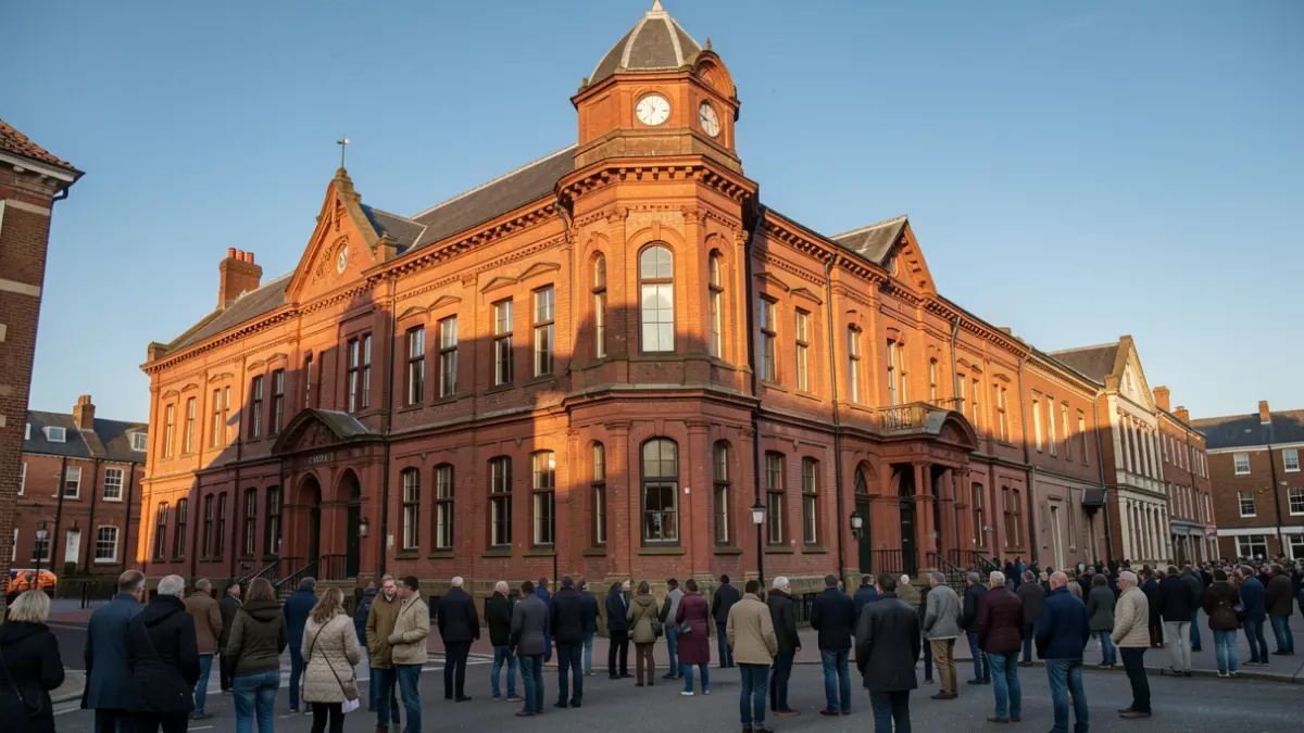 Generic image of a red-brick town hall facade with ornate details in The Midlands, bathed in warm afternoon sunlight under a blue sky.