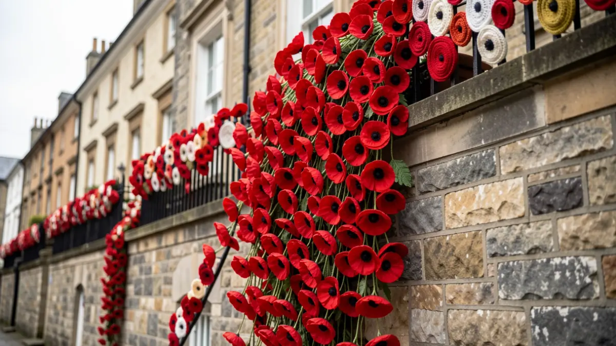 Generic image of a cascade of red poppies attached to railings and flowing down a wall.