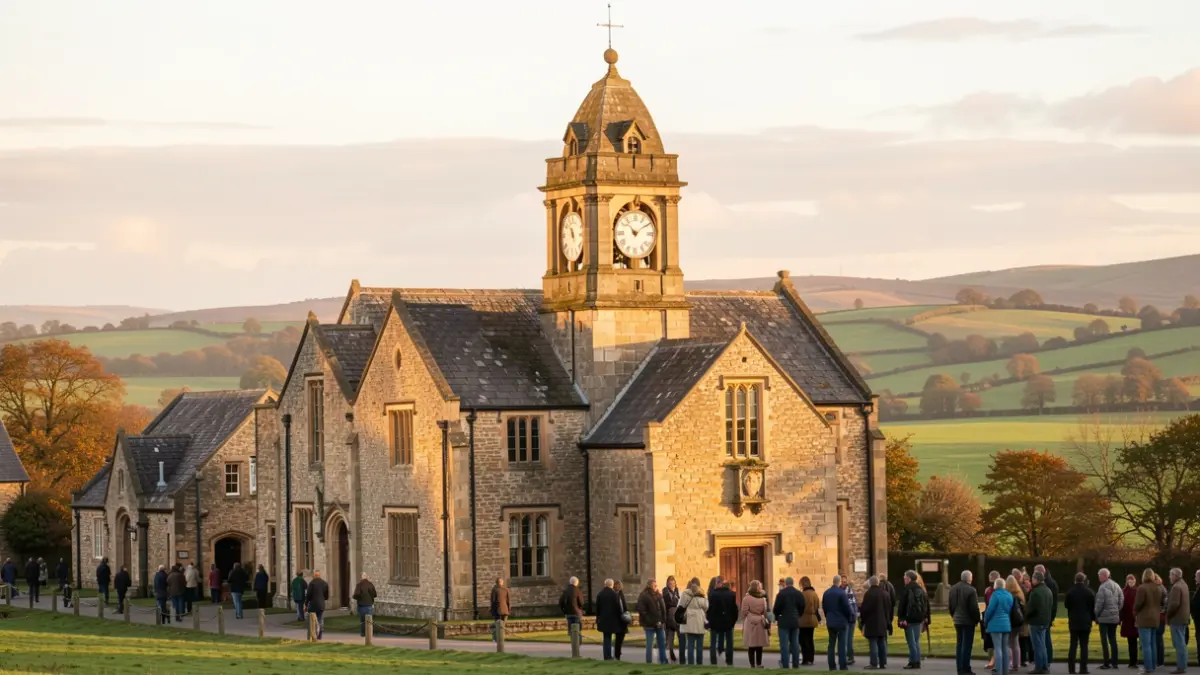 Generic image of a historic stone building with a clock tower in a rural setting.