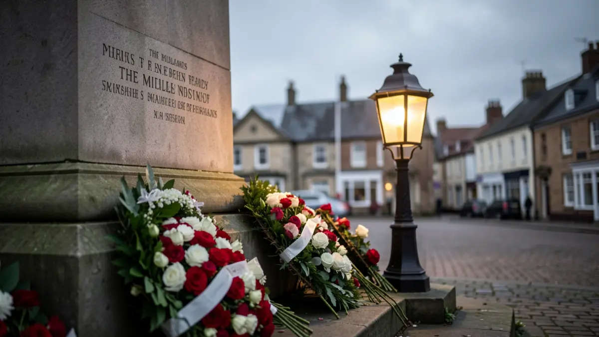 Generic image of a war memorial with a lamp of peace, set against an overcast sky.