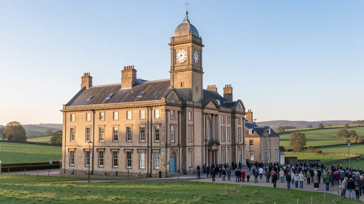 Ludlow Town Hall facade with rolling Shropshire hills in the background.