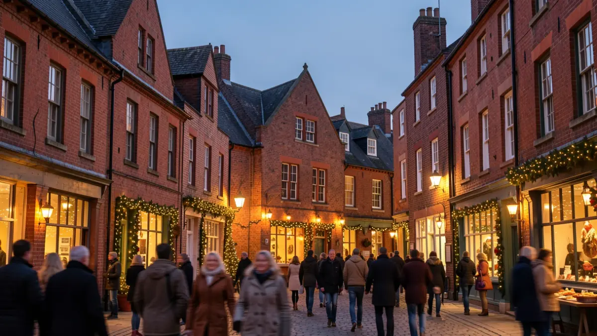 Generic image of a festive town square at dusk with warm lights and blurred figures.