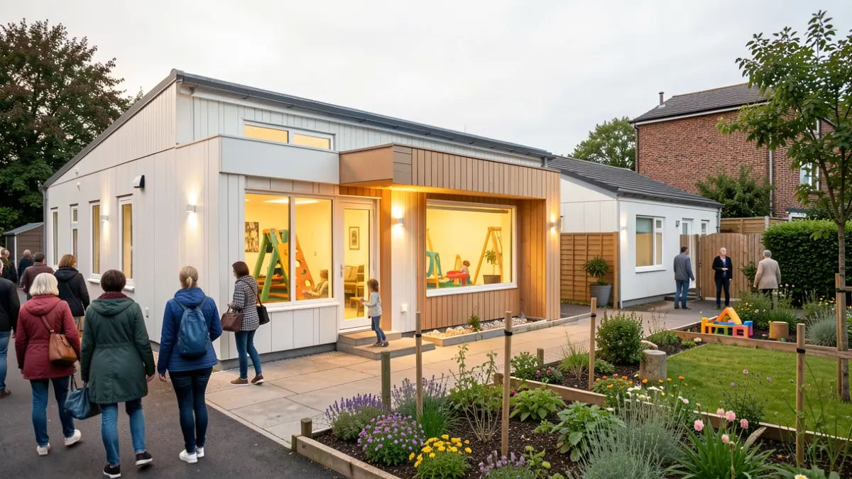 Generic image of a welcoming temporary accommodation building with a children's play area and a wellbeing garden.