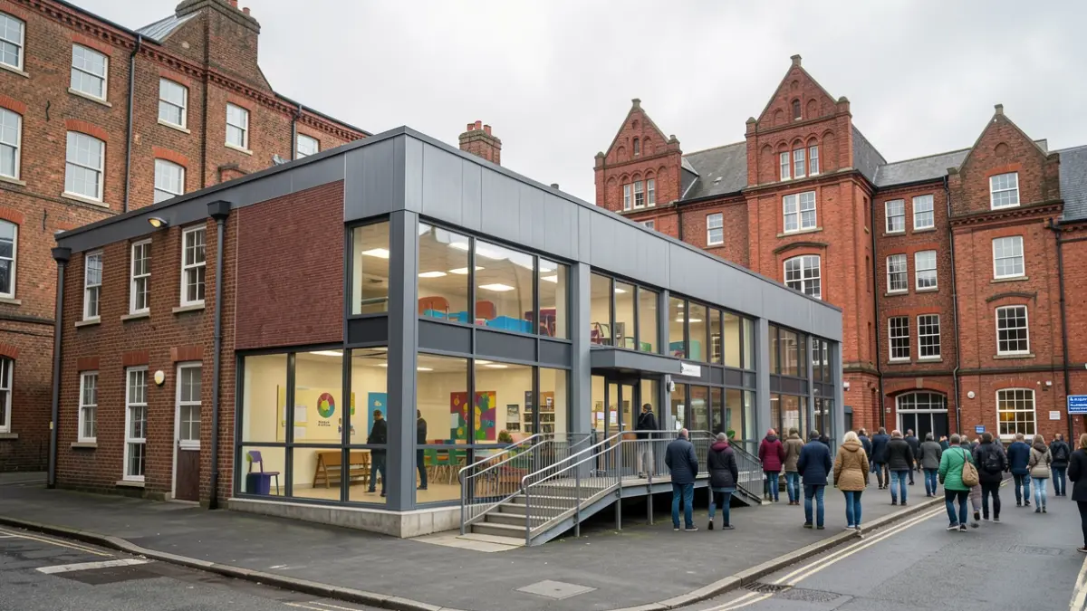 Generic image of the exterior of a community youth hub building with accessible features.