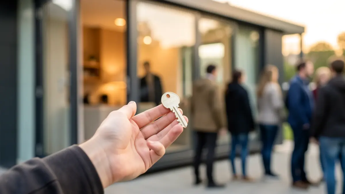 Generic image of a hand reaching for a key, with a blurred background of a living space.