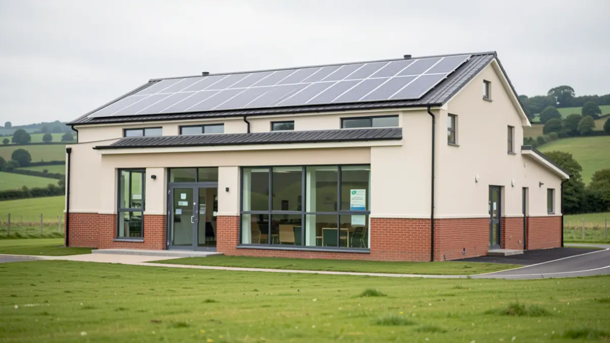 Generic image of a modern health centre building with solar panels, set in a rural landscape.