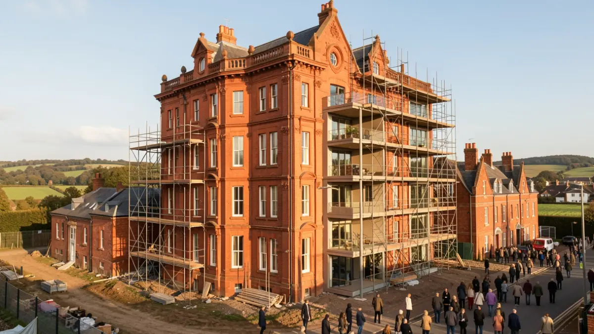 Generic image of a historic red-brick building undergoing renovation and conversion into modern apartments, with construction work in progress.