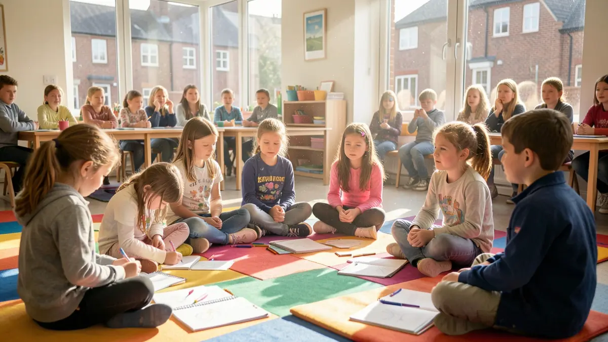 Generic image of schoolchildren engaged in a drawing activity during a storytelling session in a bright classroom.