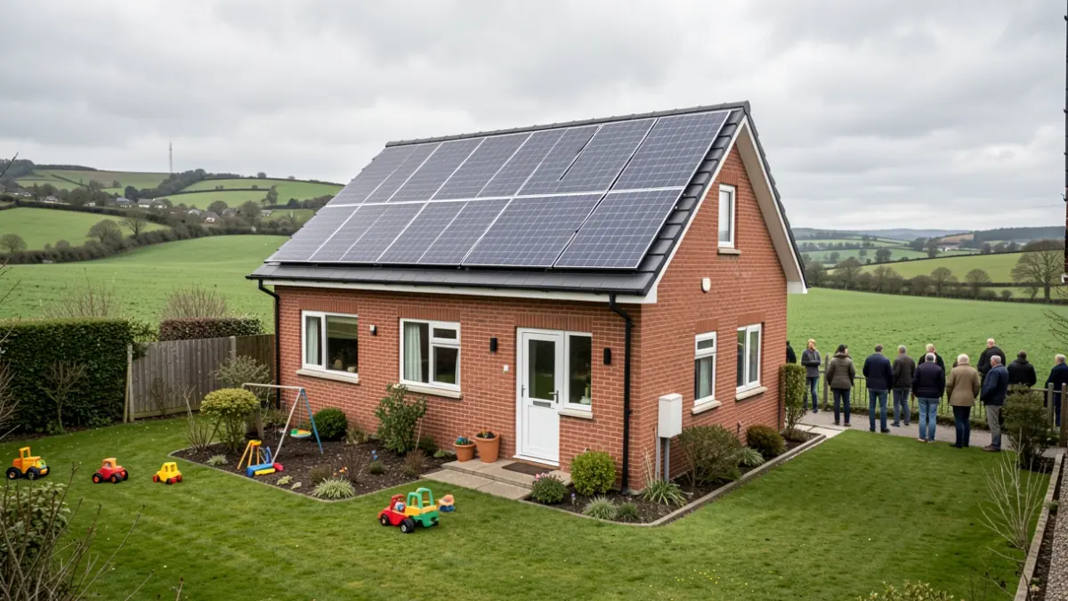 Generic image of a modern red-brick council house with solar panels and a garden, set against a typical Midlands landscape under an overcast sky.