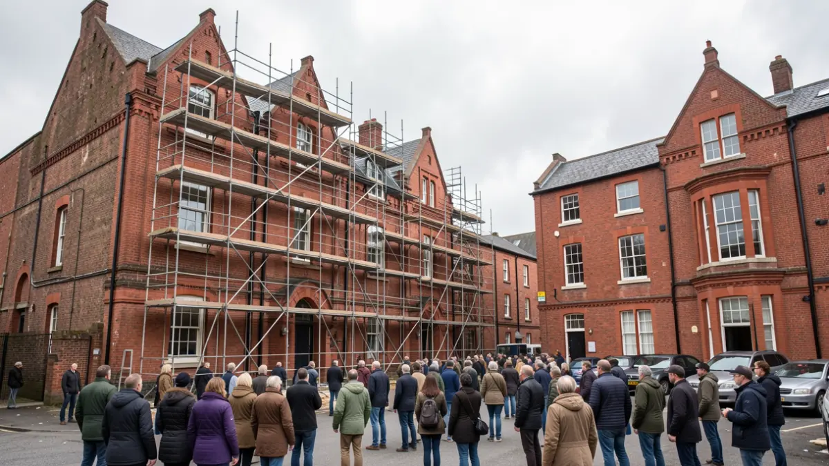 Generic image of red-brick buildings with scaffolding, indicating construction work under an overcast sky.