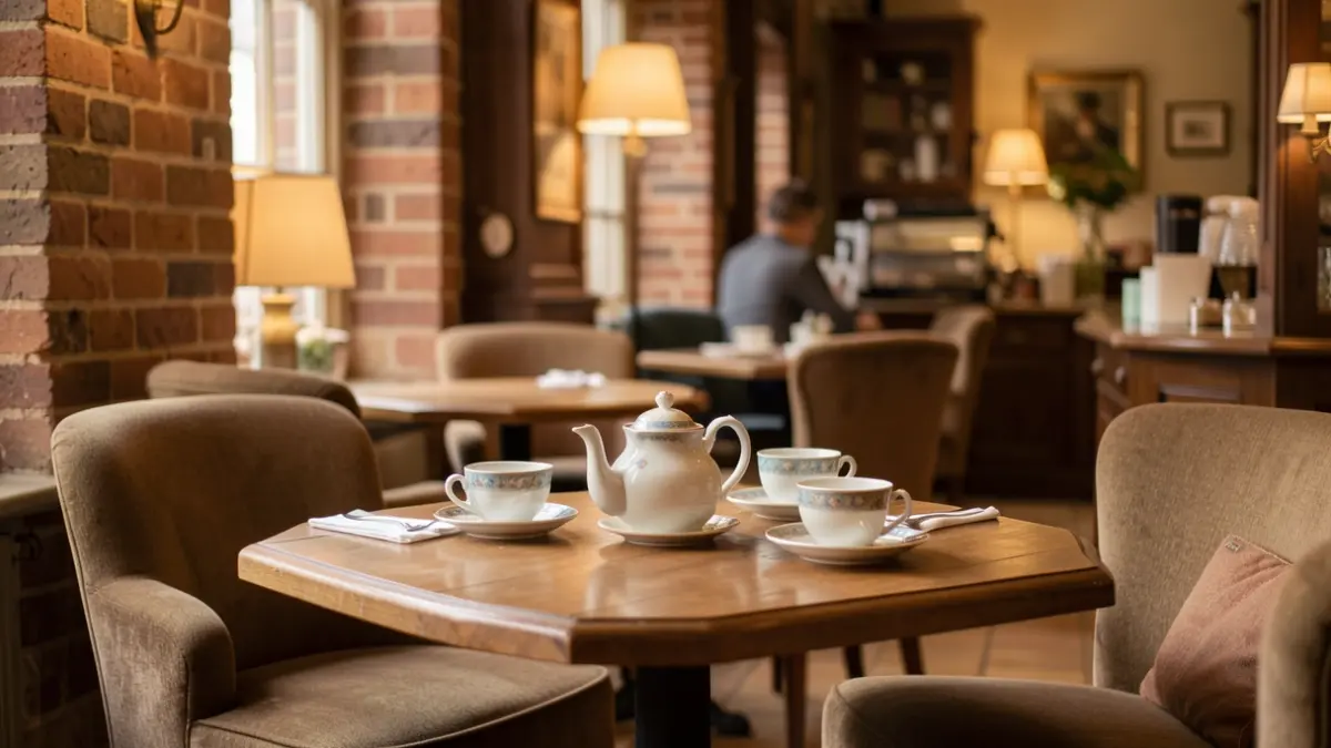 Interior of a welcoming cafe at Walsall Manor Hospital, set up for afternoon tea.