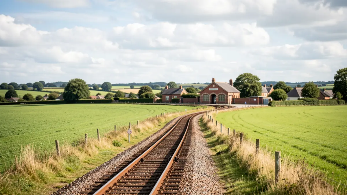Scenic view of East Midlands countryside with a vintage train track and station.