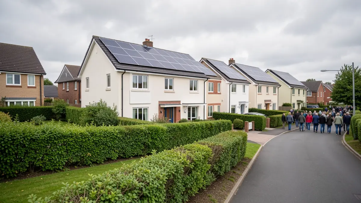 Generic image of modern energy-efficient houses with solar panels.