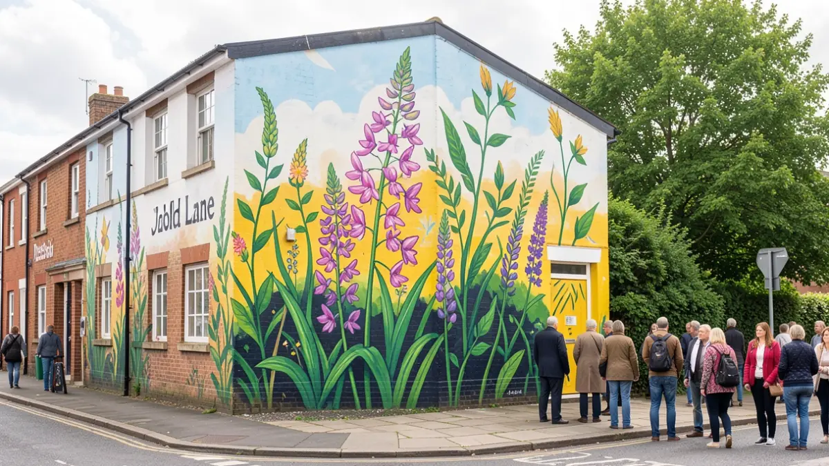 Mural featuring Derbyshire flora on a building in Derby city centre.