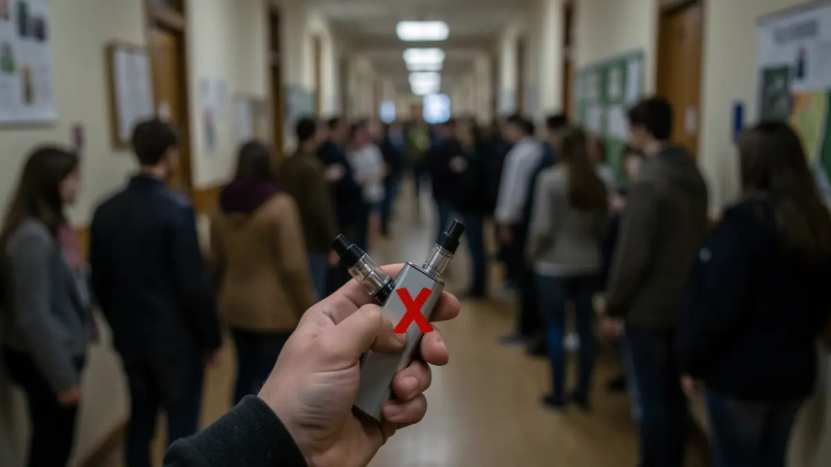 Generic image of a hand with a vaping device marked with a red cross, in a school setting.