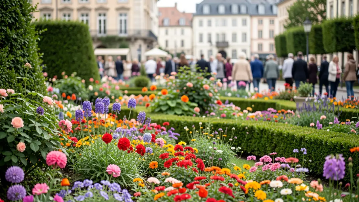 A vibrant display of colourful flowers and well-maintained greenery in a public garden, suggesting community pride and horticultural achievement.