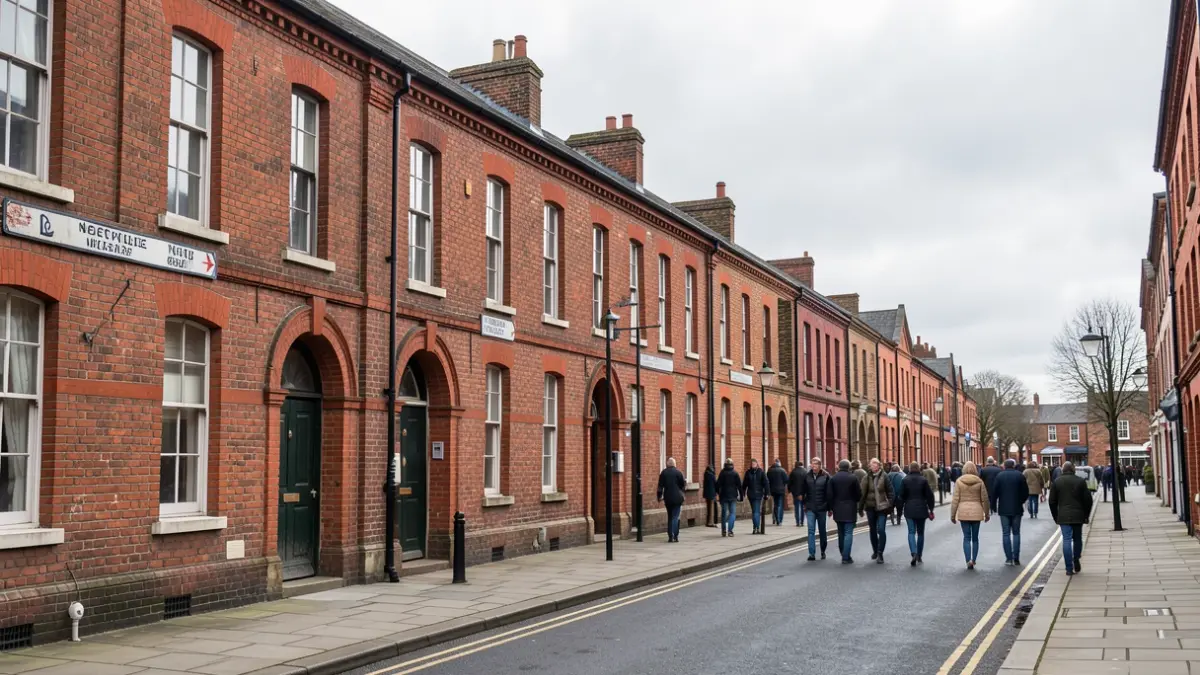 Generic image of a clean street scene in a British town with red-brick buildings and repaired street signs.