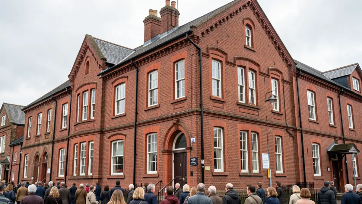 Generic image of a red-brick Victorian building facade, typical of The Midlands, under an overcast sky.