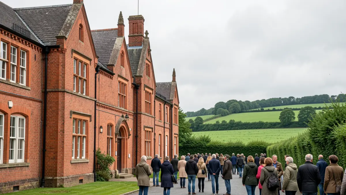Generic image of a red-brick building facade in The Midlands with green fields under an overcast sky.