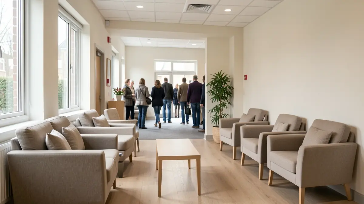 Generic image of a modern community clinic waiting area with comfortable seating and natural light.