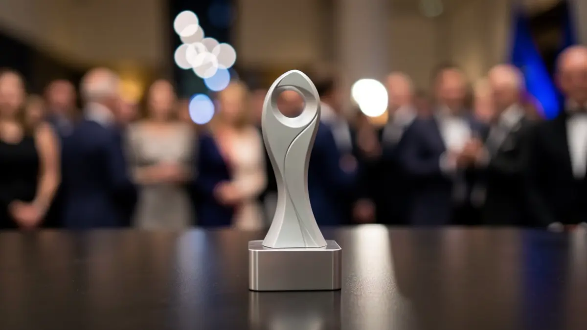 Generic image of a medical award statuette with blurred lights in the background.