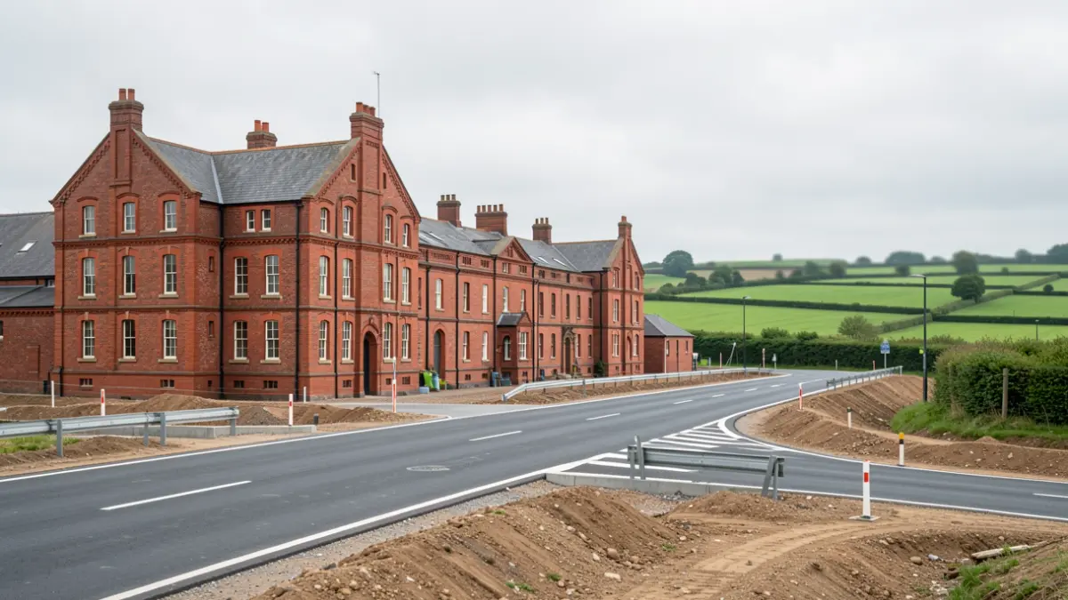 Generic image of construction works on a new road with industrial heritage buildings in the background.