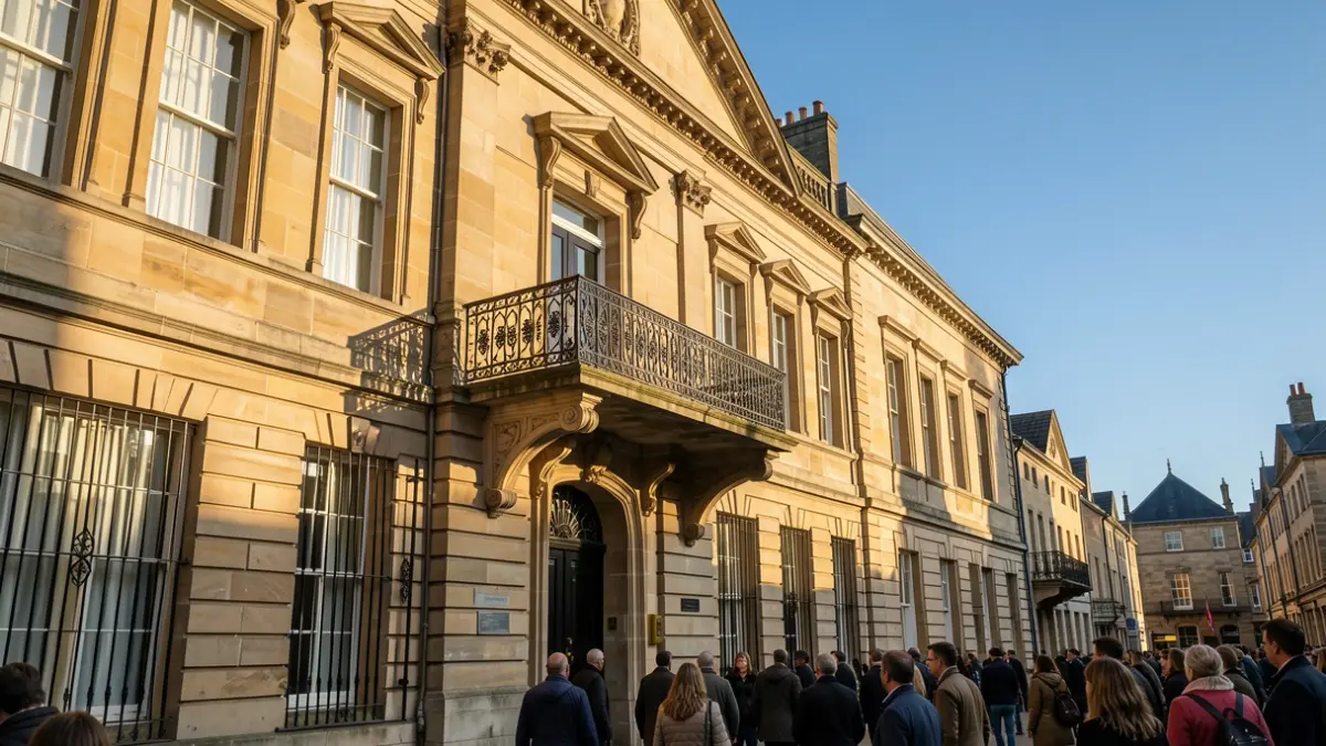 Generic image of the stone facade of a town hall with an ornate balcony and iron railings, warm afternoon sunlight casting shadows on the sandstone walls, clear blue sky.