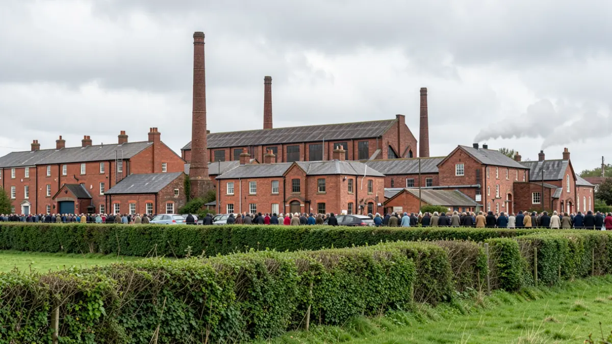 Generic image of red-brick Victorian industrial heritage with workshops and chimneys under an overcast sky.
