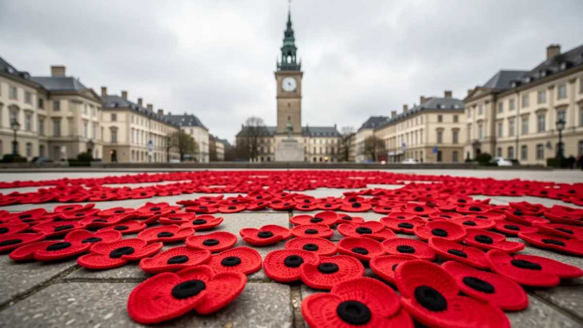 Generic image of a large display of knitted red poppies on a memorial square.