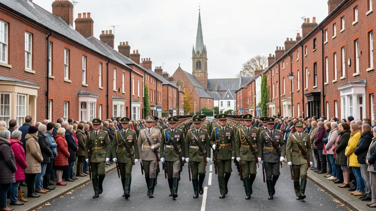 A Remembrance Sunday parade in Northampton town centre, with participants and spectators gathered.