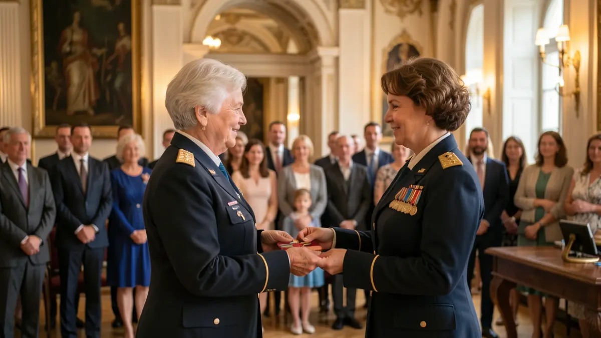 Generic image of a formal award ceremony with two women and onlookers.