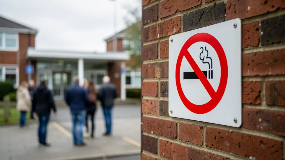 A 'No Smoking' sign outside a hospital entrance.