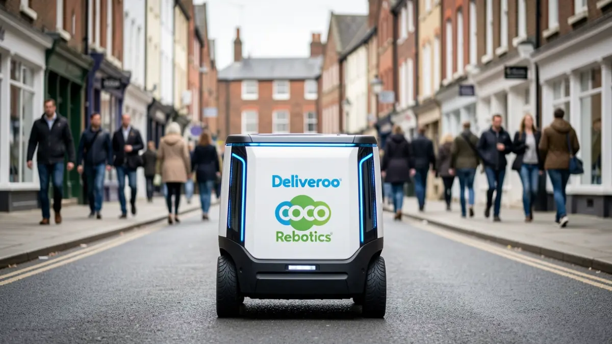 A delivery robot from Deliveroo and Coco Robotics on a street in Nottingham.