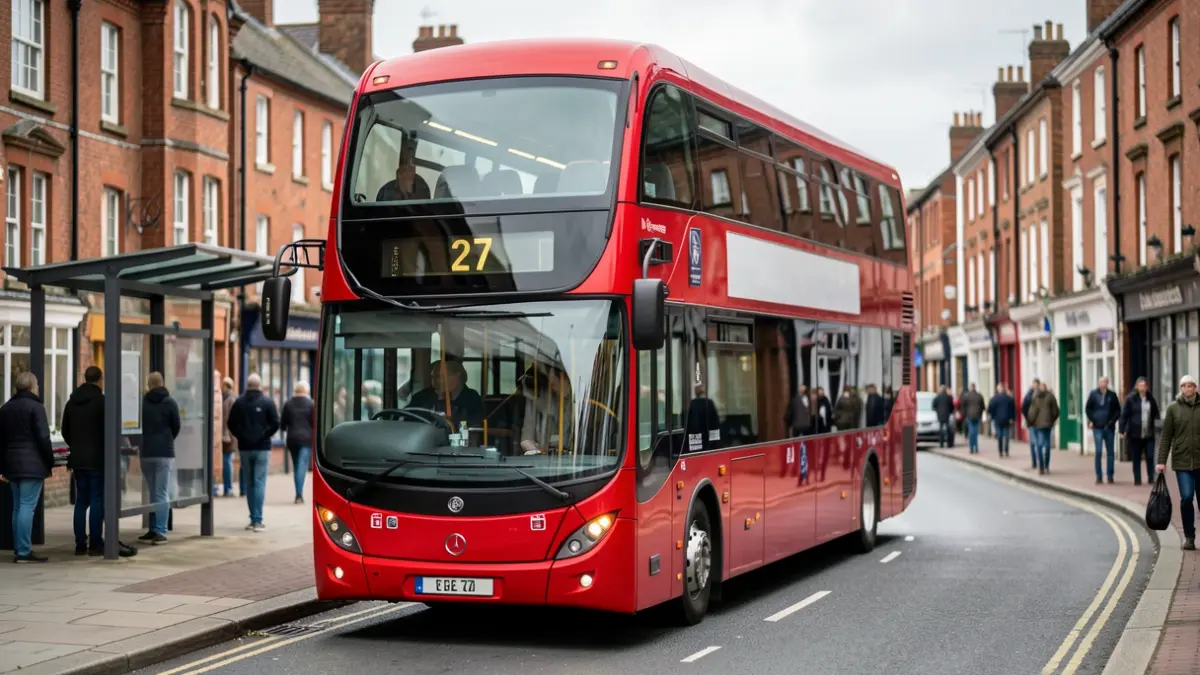 Generic image of a modern red double-decker electric bus at a bus stop, with blurred red brick buildings in the background.