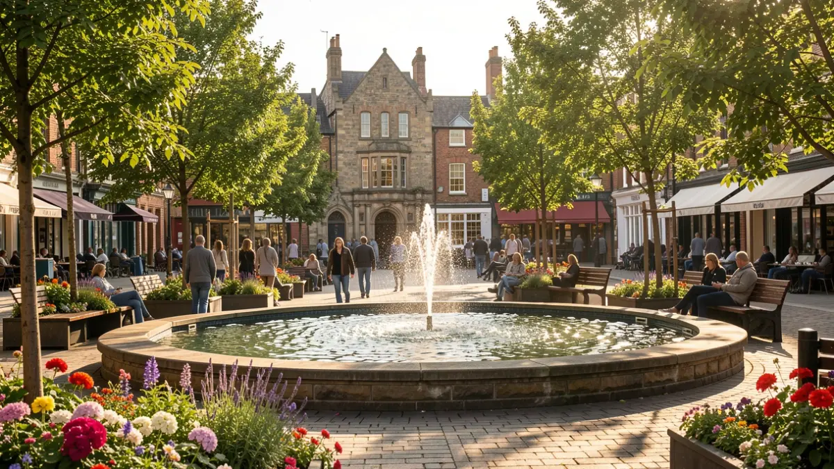 Nottingham's Old Market Square undergoing a transformation with new water features, trees, and planting.
