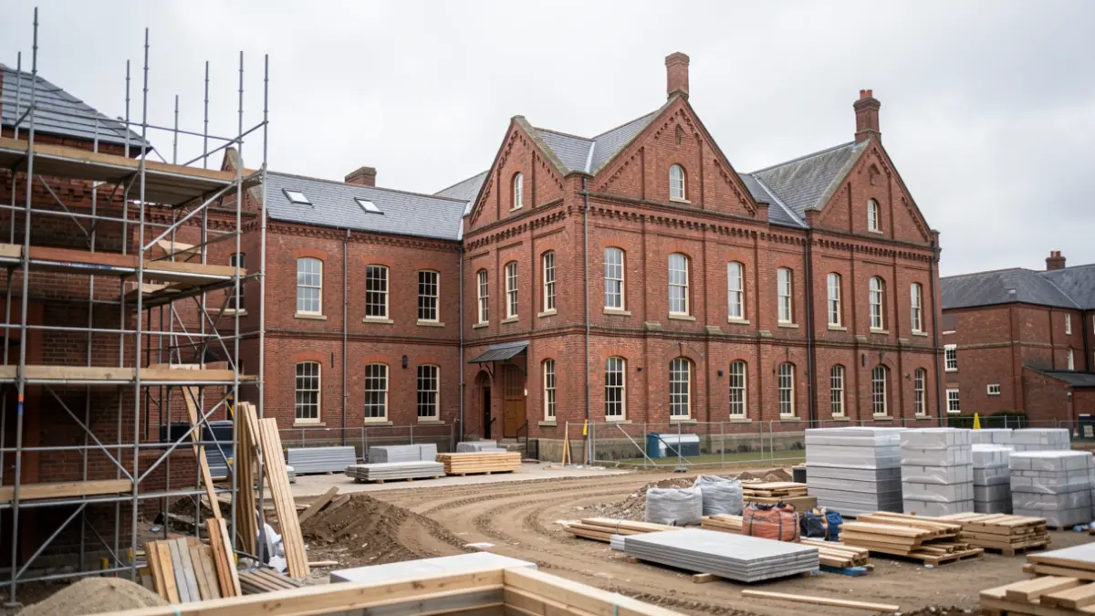 Generic image of red-brick buildings and a construction site in The Midlands.
