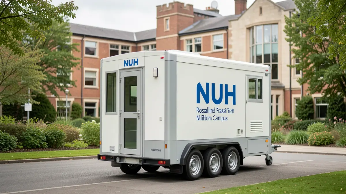 Mobile research unit from Nottingham University Hospitals NHS Trust at Nottingham Trent University's Clifton Campus.