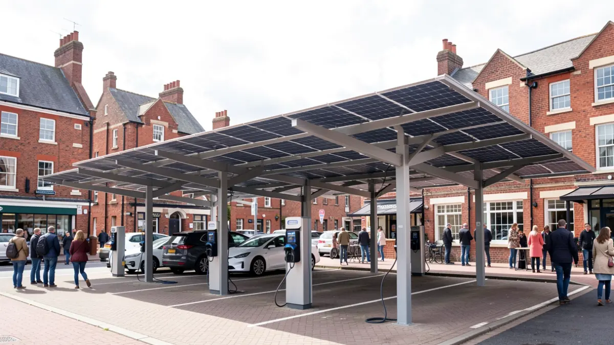 Generic image of a solar-powered electric vehicle charging hub in a town centre.