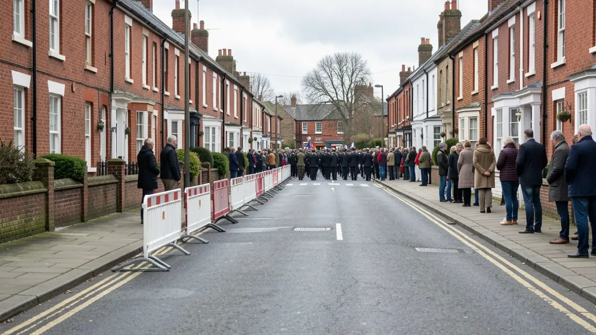 Generic image of a closed road in a British town, with red-brick buildings and temporary barriers, ready for a parade.