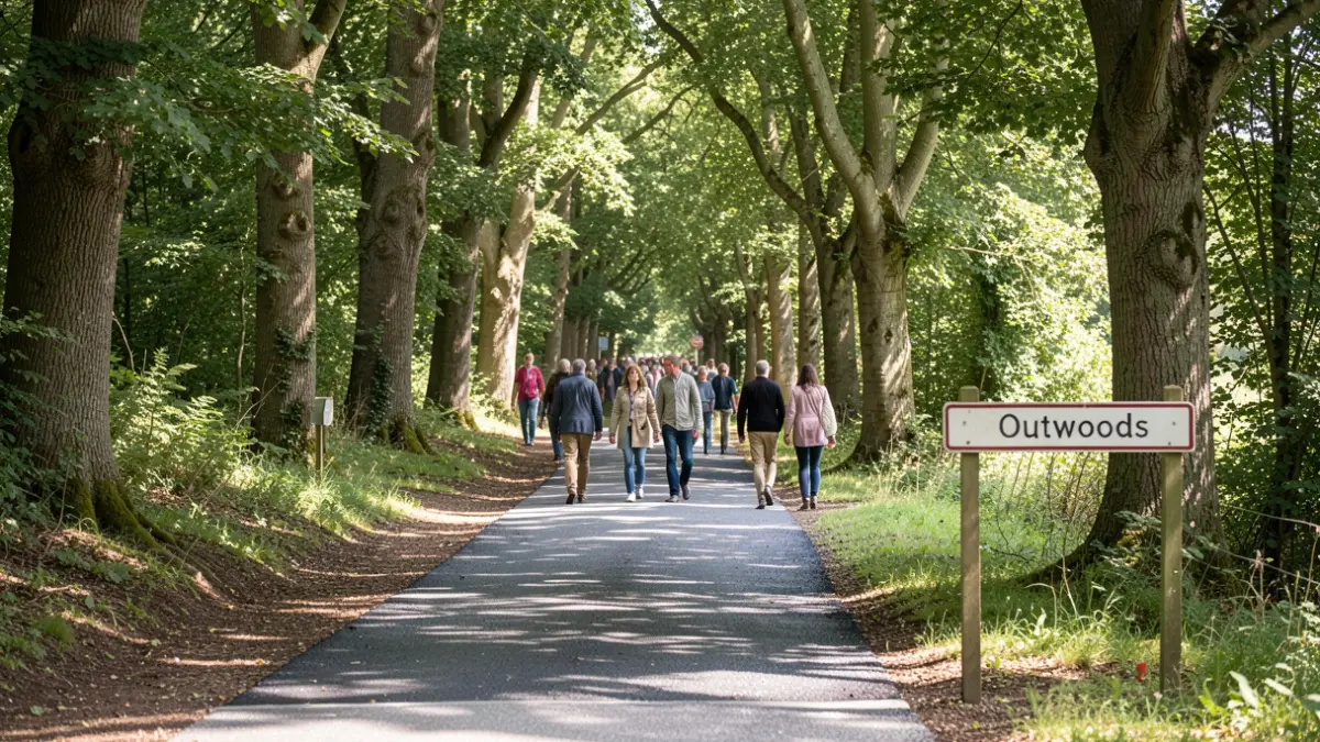 A woodland path in The Midlands undergoing improvements, with ancient trees and sunlight.