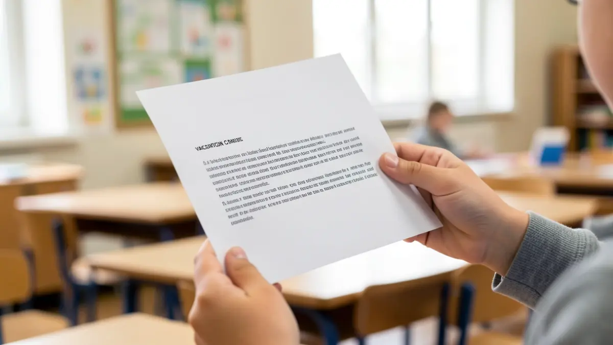 Generic image of a child's hand holding a vaccination consent form in a school setting.