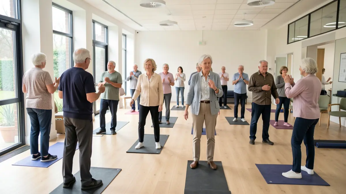 Generic image of a physiotherapy exercise class for older adults in a community hall.