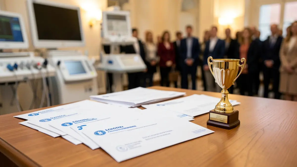 A collection of medical donation envelopes and a trophy.