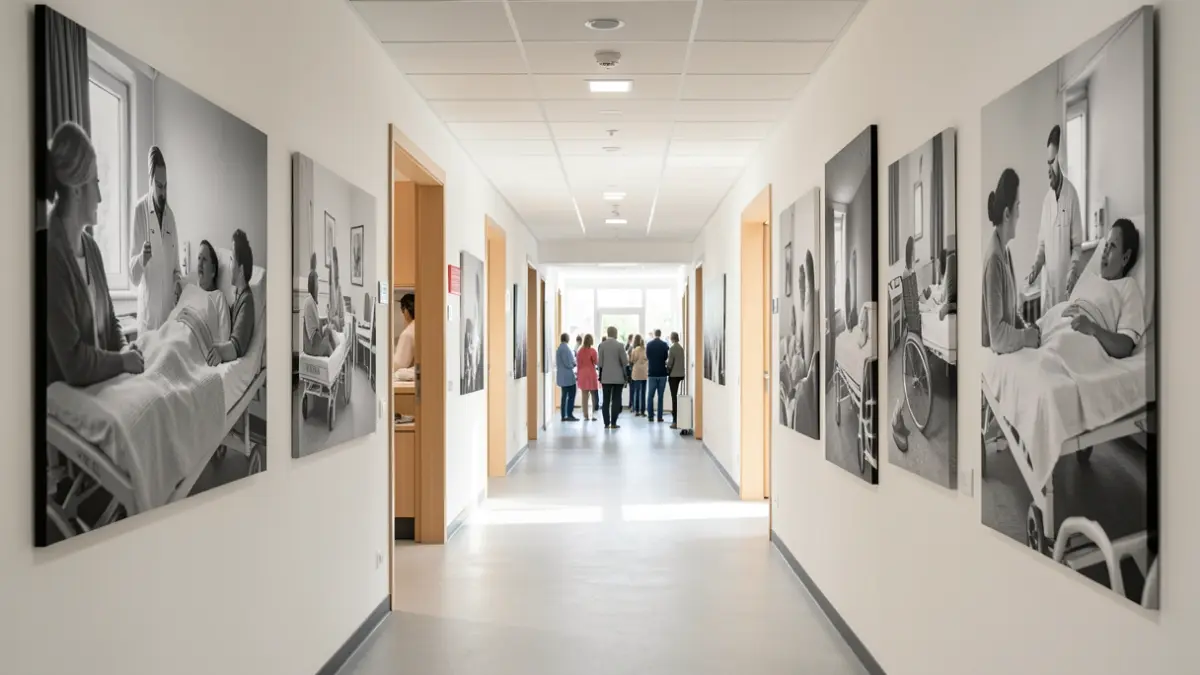 Generic image of a modern rehabilitation centre interior with black and white photographs on the walls.