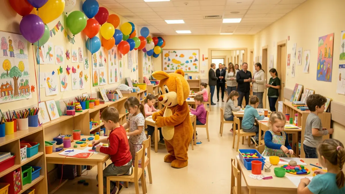 Children enjoying a play week event in a hospital ward with colourful decorations and a mascot.