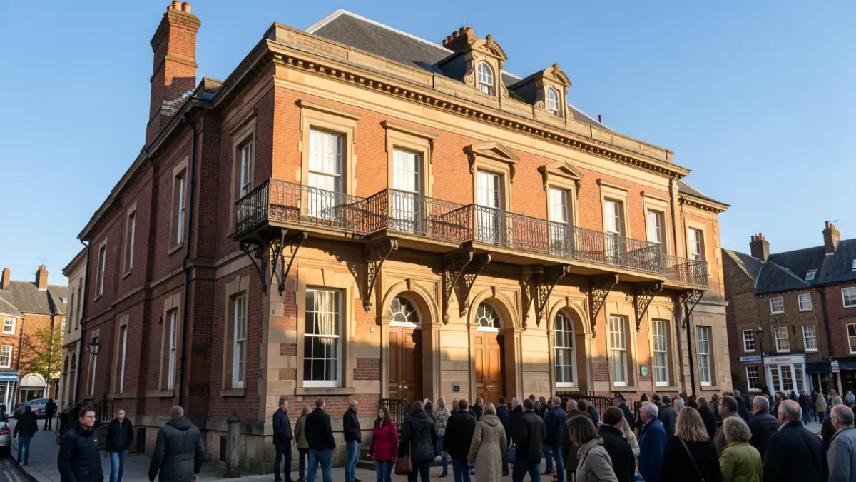 Redditch Town Hall facade with ornate balcony and sunlight.