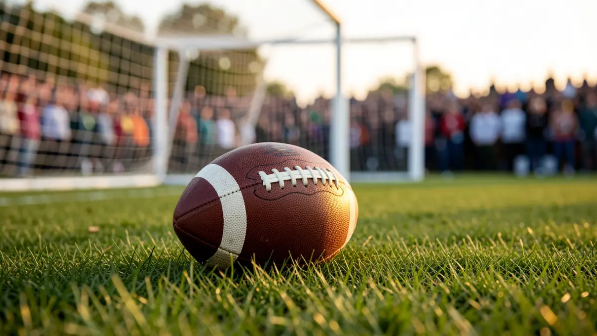 A football on grass with a blurred goal net in the background.